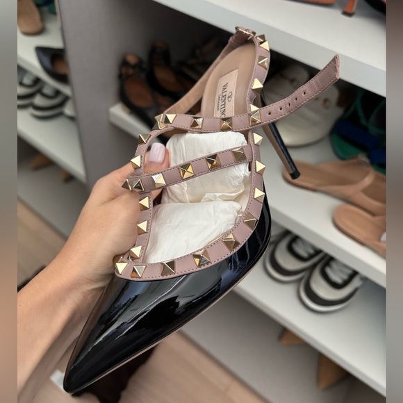 Valentino Shoes - Rockstud ankle strap pump in patent leather, Platinum finish studs,Made in Ital